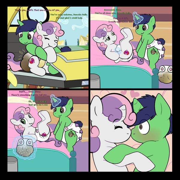 Size: 895x893 | Tagged: questionable, artist:zombineko, derpibooru import, sweetie belle, oc, oc:swift brush, pony, unicorn, comic:padded desperation, bed, bedroom, blushing, canon x oc, carriage, colt, diaper, diaper change, diaper fetish, eyes closed, female, fetish, filly, frilly diaper, hug, image, kissing, legs in air, lying down, magic, male, messy diaper, oc and canon, png, poop, snuggling, speech, stink lines, surprise kiss, talking, taxi, text