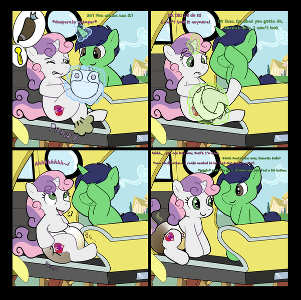 Size: 895x893 | Tagged: questionable, artist:zombineko, derpibooru import, sweetie belle, oc, oc:swift brush, pony, unicorn, comic:padded desperation, carriage, clenched teeth, colt, covering eyes, crossed legs, diaper, diaper bulge, diaper fetish, fart, female, fetish, filly, frilly diaper, gritted teeth, icing bag, image, levitation, lip bite, magic, male, messy diaper, need to pee, need to poop, oc and canon, one eye closed, peeing in diaper, png, ponyville, poop, pooping in diaper, potty emergency, potty time, relief, sitting, speech, stink lines, talking, taxi, telekinesis, text, thermometer, tongue out, tummy ache