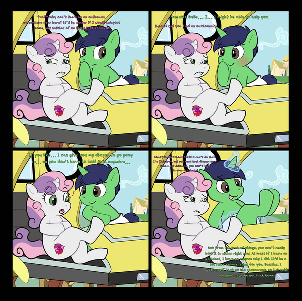 Size: 895x893 | Tagged: questionable, artist:zombineko, derpibooru import, sweetie belle, oc, oc:swift brush, pony, unicorn, comic:padded desperation, blushing, carriage, colt, comic, crossed legs, diaper, diaper fetish, exclamation point, female, fetish, filly, image, lip bite, magic, male, need to pee, need to poop, oc and canon, png, ponyville, potty emergency, potty time, sitting, speech, surprised, talking, taxi, text, tummy ache