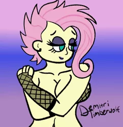 Size: 2900x3000 | Tagged: suggestive, artist:demitri, derpibooru import, fluttershy, equestria girls, alternate hairstyle, belly button, breasts, busty fluttershy, covering, cute, ear piercing, earring, eyeshadow, fishnets, flutterpunk, gradient background, image, jewelry, jpeg, lipstick, looking back, makeup, nudity, piercing, shyabetes, signature
