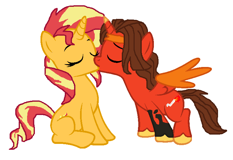 Size: 748x516 | Tagged: safe, artist:starbreaker-firewalker, derpibooru import, sunset shimmer, alicorn, pony, unicorn, couple, crossover, crossover shipping, headband, image, kissing, love, my little pony, photo, png, rodimus, shipping, sitting, transformers