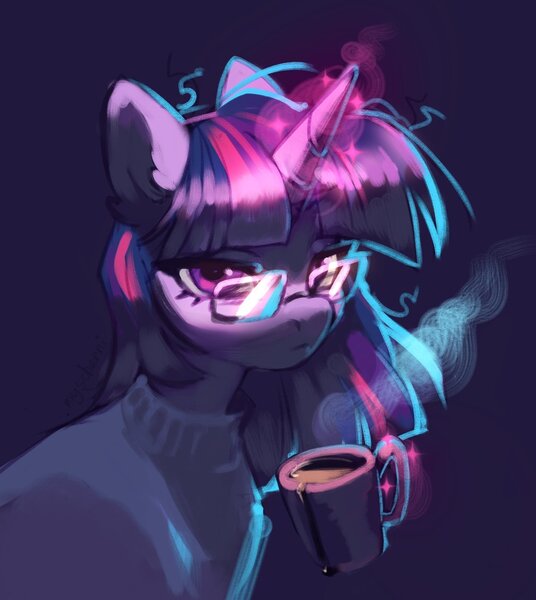 Size: 1010x1130 | Tagged: safe, artist:myscherri, derpibooru import, twilight sparkle, pony, bust, clothes, female, glasses, image, jpeg, mare, mug, solo, sweater