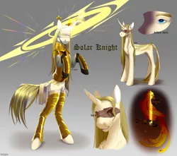 Size: 2600x2300 | Tagged: semi-grimdark, artist:doggis_uwu, derpibooru import, oc, oc:solar halo, unofficial characters only, phoenix, pony, unicorn, armor, bipedal, blind, blindfold, burn, burn marks, chest fluff, eye scar, fangs, glowing horn, horn, image, leonine tail, magic, markings, nonbinary, open mouth, png, raised hoof, rearing, reference sheet, scar, solo, stick