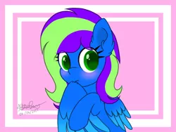 Size: 1333x1000 | Tagged: safe, artist:itsnovastarblaze, derpibooru import, oc, oc:novastar blaze, unofficial characters only, pegasus, pony, blushing, cute, ear fluff, female, grooming, image, jpeg, mare, pegasus oc, preening, signature, simple background, solo, wing fluff, wings