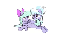 Size: 1600x1000 | Tagged: safe, artist:hsf, derpibooru import, cloudchaser, flitter, pegasus, pony, blushing, female, grooming, image, looking at each other, lying down, png, preening, prone, siblings, sisters