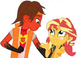 Size: 1280x955 | Tagged: safe, artist:starbreaker-firewalker, derpibooru import, sunset shimmer, human, equestria girls, blushing, clothes, couple, crossover, crossover shipping, humanized, image, love, more than meets the eye, photo, png, rodimus, shipping, transformers