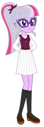 Size: 1500x4256 | Tagged: safe, artist:sketchmcreations, derpibooru import, edit, editor:pagiepoppie12345, sci-twi, twilight sparkle, human, equestria girls, alternate universe, casual, clothes, dress, elderly, female, glasses, hands behind back, image, mortal twilight, older, older twilight, png, recolor, simple background, smiling, socks, solo, sweater vest, transparent background, vector