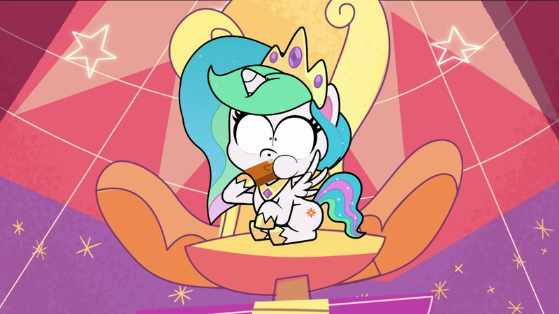 Size: 1280x720 | Tagged: safe, derpibooru import, screencap, princess celestia, my little pony: pony life, princess probz, spoiler:pony life s01e01, cake, food, image, png, solo