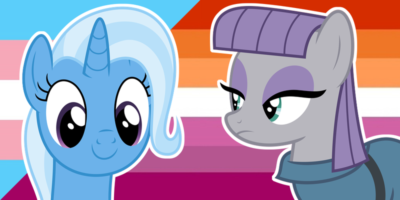 Size: 1000x500 | Tagged: safe, artist:prideponies, derpibooru import, maud pie, trixie, female, headcanon, image, lesbian, lesbian pride flag, mauxie, png, pride, pride flag, shipping, transgender pride flag