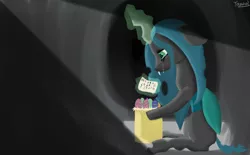 Size: 1280x792 | Tagged: safe, artist:tazool, derpibooru import, queen chrysalis, changeling, basket, crying, easter, egg, holiday, image, imprisoned, jpeg, letter, sad, solo, stone