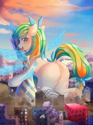 Size: 2794x3744 | Tagged: safe, artist:alus, derpibooru import, oc, oc:tea fairy, earth pony, human, pegasus, pony, blushing, building, butt, china, chinese text, destruction, female, guangzhou, guangzhou tower, high res, humanized, image, large butt, macro, mare, mascot, mega giant, moon runes, png, solo, tower, wings