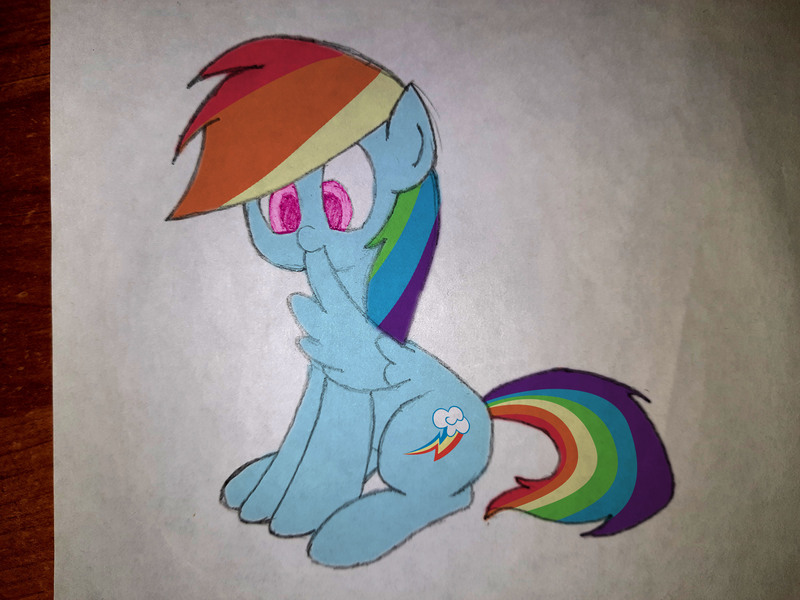 Size: 4000x3000 | Tagged: safe, artist:ponywka, derpibooru import, rainbow dash, grooming, image, jpeg, painted, photo, preening, solo, traditional art