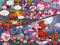Size: 2000x1500 | Tagged: safe, derpibooru import, idw, fili-second, pinkie pie, spike, twilight sparkle, spoiler:comic, apple, apple pinkie, bad apple, comic, fight, food, image, night, party cannon, png, power ponies, spider-man