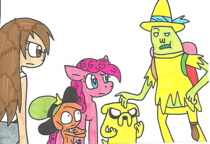 Size: 1024x702 | Tagged: safe, artist:cmara, derpibooru import, pinkie pie, adventure time, crossover, image, jake the dog, jpeg, magic man, protecting, simple background, wander over yonder, wander (wander over yonder)