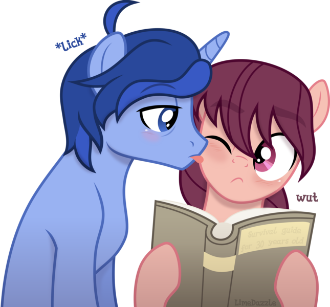 Size: 1920x1785 | Tagged: safe, artist:limedazzle, derpibooru import, oc, oc:allen, oc:james, unofficial characters only, pony, book, image, licking, male, png, simple background, stallion, tongue out, transparent background