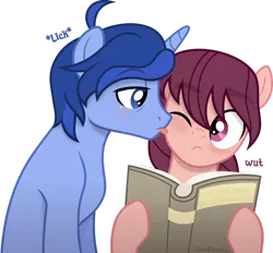 Size: 1920x1785 | Tagged: safe, artist:limedazzle, derpibooru import, oc, oc:allen, oc:james, unofficial characters only, pony, book, image, licking, male, png, simple background, stallion, tongue out, transparent background