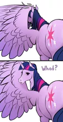 Size: 842x1637 | Tagged: safe, artist:mercurial64, derpibooru import, twilight sparkle, twilight sparkle (alicorn), alicorn, pony, derpibooru exclusive, dialogue, female, grooming, hoers, image, looking at you, looking back, looking back at you, mare, onomatopoeia, png, preening, simple background, solo, white background