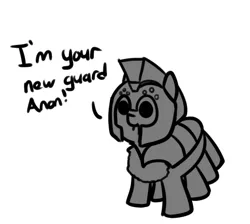 Size: 617x553 | Tagged: safe, artist:neuro, oc, unofficial characters only, monster pony, original species, spiderpony, armor, dialogue, female, helmet, image, monochrome, png, royal guard, royal guard armor, simple background, solo, white background
