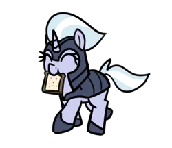 Size: 388x335 | Tagged: safe, artist:neuro, silver sable, pony, unicorn, armor, bread, eyes closed, female, food, guardsmare, helmet, hoof shoes, horn, image, mare, mouth hold, png, royal guard, schoolgirl toast, simple background, solo, toast, transparent background, trotting
