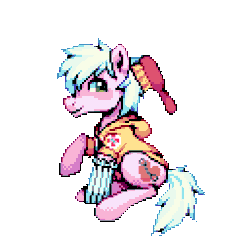 Size: 896x896 | Tagged: safe, artist:hikkage, derpibooru import, oc, oc:loveshy, earth pony, animated, brush, brushie, brushing mane, clothes, commission, cute, earth pony oc, gif, hoodie, image, male, pixel art, sock, solo, sweater, ych result
