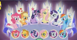 Size: 859x451 | Tagged: safe, derpibooru import, applejack, fluttershy, pinkie pie, rainbow dash, rarity, twilight sparkle, twilight sparkle (alicorn), alicorn, earth pony, pegasus, pony, unicorn, character select, cutie map, element of generosity, element of honesty, element of kindness, element of laughter, element of loyalty, element of magic, game, harmony quest, image, looking down, map, png, smiling