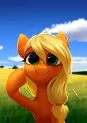 Size: 2894x4093 | Tagged: safe, artist:vensual99, derpibooru import, applejack, earth pony, pony, blurred background, bust, cloud, cute, female, hatless, high res, image, jackabetes, jpeg, looking at you, mare, missing accessory, sky, solo, straw in mouth