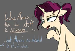 Size: 1430x975 | Tagged: safe, artist:pinkberry, derpibooru import, oc, oc:mulberry merlot, unofficial characters only, unicorn, drunk, female, freckles, heart, image, offscreen character, placebo, placebo effect, png, ponytail, tattoo