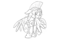 Size: 3840x2160 | Tagged: safe, artist:pirill, derpibooru import, guardian angel (character), pegasus, pony, armor, clothes, female, grooming, image, mare, monochrome, png, preening, raised leg, royal guard, simple background, sketch, solo, white background, wip