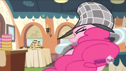 Size: 250x141 | Tagged: safe, derpibooru import, screencap, pinkie pie, earth pony, pony, mmmystery on the friendship express, deerstalker, detective, female, great moments in animation, hat, hub logo, image, magnifying glass, mare, png, smear frame