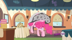 Size: 250x141 | Tagged: safe, derpibooru import, screencap, pinkie pie, pony, mmmystery on the friendship express, deerstalker, detective, great moments in animation, hat, hub logo, image, png, smear frame, the hub