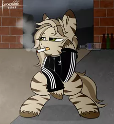 Size: 800x875 | Tagged: safe, artist:foxxo666, derpibooru import, oc, unofficial characters only, zebra, adidas, alcohol, bored, bottle, cigarette, commission, gopnik, image, not impressed, png, scenery, slav, smoke, smoking, squatting, tracksuit, vodka, ych result