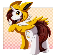 Size: 3680x3448 | Tagged: safe, artist:pridark, derpibooru import, oc, unofficial characters only, jolteon, pony, unicorn, clothes, commission, cosplay, costume, crossover, cutie mark, eeveelution, high res, hoodie, horn, image, male, one eye closed, png, pokémon, raised hoof, smiling, solo, video game crossover, white body, wink, yellow eyes