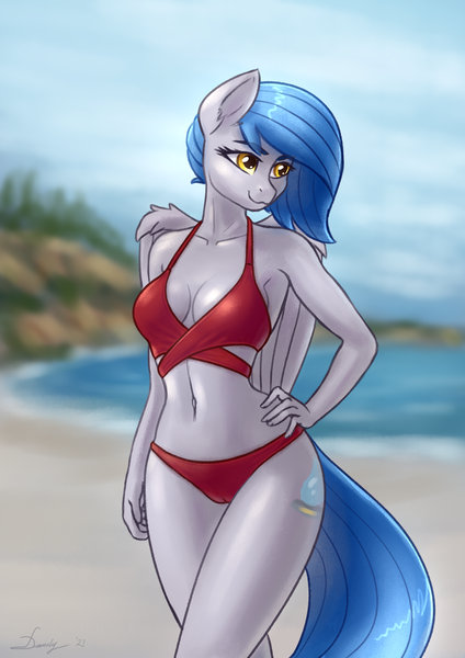 Size: 2480x3508 | Tagged: questionable, artist:dandy, derpibooru import, oc, oc:rainstorm, unofficial characters only, anthro, pegasus, aeroverse, beach, belly button, bikini, breasts, cameltoe, clothes, commission, cutie mark, explicit source, female, hand on hip, image, looking away, png, solo, swimsuit, wings