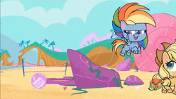 Size: 1918x1080 | Tagged: safe, derpibooru import, edit, edited screencap, screencap, applejack, rainbow dash, crab, earth pony, pegasus, my little pony: pony life, pony surfin' safari, spoiler:pony life s01e14, spoiler:pony life s02e13, angry, animated, beach, beach volleyball, deflation, flying, freckles, image, magical mare-story tour, ocean, ouch, smiling, smug smile, talking, treehouse logo, volleyball net, webm, wings