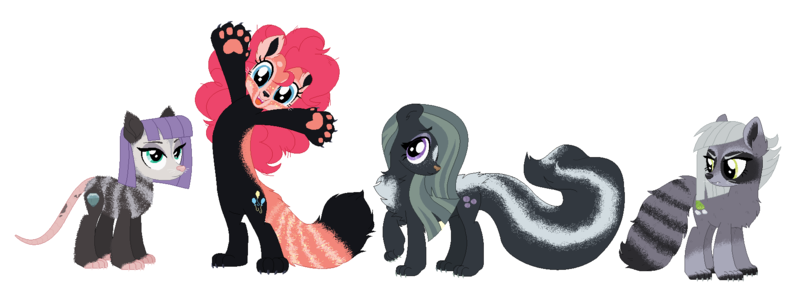 Size: 1781x646 | Tagged: safe, artist:unoriginai, derpibooru import, limestone pie, marble pie, pinkie pie, hybrid, opossum, opossum pony, pony, raccoon, raccoon pony, red panda, skunk, skunk pony, alternate design, alternate universe, cute, image, png, skunkified, species swap