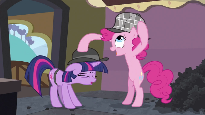 Size: 994x559 | Tagged: safe, derpibooru import, screencap, pinkie pie, twilight sparkle, earth pony, pony, unicorn, mmmystery on the friendship express, bipedal, bowler hat, coal, deerstalker, detective, female, hat, image, mare, png, sherlock pie, switch, train, unicorn twilight