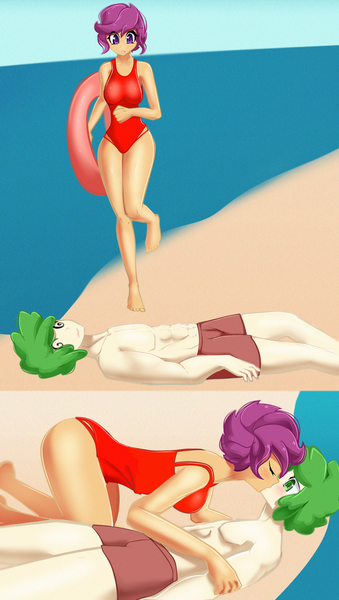 Size: 2130x3774 | Tagged: suggestive, artist:kamushek228, derpibooru import, scootaloo, spike, human, beach, blushing, clothes, commission, cpr, female, humanized, image, kissing, lifeguard, male, older, older scootaloo, older spike, png, sand, scootaspike, shipping, straight, swimsuit, water