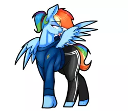 Size: 1414x1226 | Tagged: safe, artist:welost, derpibooru import, rainbow dash, pegasus, pony, alternate hairstyle, clothes, derpibooru exclusive, female, females only, grooming, hoodie, image, mare, pants, png, ponytail, preening, simple background, sketch, solo, solo female, sweatpants, tongue out, wings