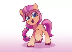 Size: 2826x2022 | Tagged: safe, artist:dawnfire, sunny starscout, earth pony, pony, cute, eye clipping through hair, female, g5, image, jpeg, looking at you, mare, open mouth, raised hoof, signature, simple background, solo, white background