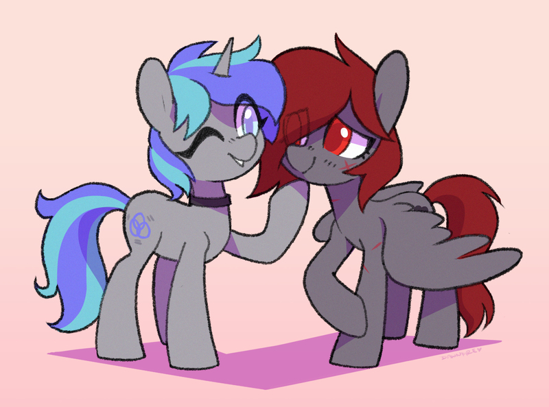 Size: 1777x1320 | Tagged: safe, artist:dawnfire, oc, oc:kit, oc:raiyne, unofficial characters only, pegasus, pony, unicorn, blushing, collar, eye clipping through hair, female, hoof on leg, horn, image, jpeg, lesbian, lifting chin, looking at each other, mare, oc x oc, one eye closed, pegasus oc, scar, shipping, smiling, spread wings, unicorn oc, wings