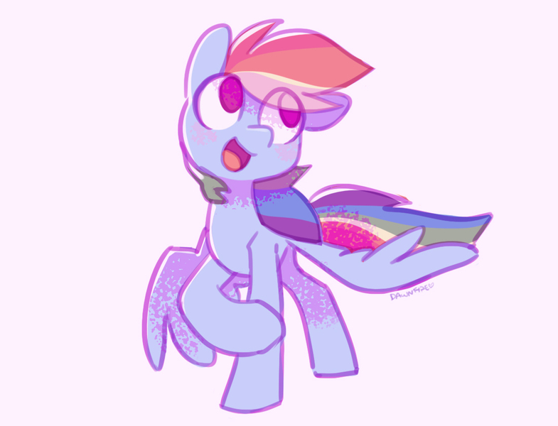 Size: 1100x841 | Tagged: safe, artist:dawnfire, rainbow dash, pegasus, pony, eye clipping through hair, female, hoof on leg, image, jpeg, mare, open mouth, signature, simple background, solo, spread wings, white background, wings