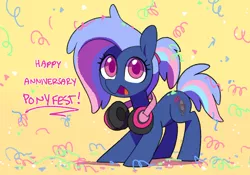 Size: 1500x1047 | Tagged: safe, artist:dawnfire, oc, oc:bit rate, unofficial characters only, earth pony, pony, anniversary, earth pony oc, female, headphones, image, jpeg, looking at you, mare, open mouth, ponyfest online, solo, streamers