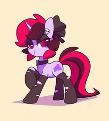 Size: 1443x1602 | Tagged: safe, artist:dawnfire, oc, oc:dawnfire, unofficial characters only, pony, unicorn, bow, clothes, collar, ear piercing, earring, eyeshadow, female, hair bow, horn, image, jewelry, jpeg, lidded eyes, makeup, mare, piercing, raised hoof, ripped stockings, signature, smiling, socks, solo, stockings, thigh highs, unicorn oc
