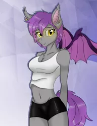 Size: 810x1052 | Tagged: artist needed, safe, derpibooru import, oc, oc:colli, unofficial characters only, anthro, bat pony, bat pony oc, bat wings, clothes, female, image, jpeg, piercing, shorts, tanktop, wings