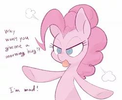 Size: 1681x1371 | Tagged: safe, artist:noupu, derpibooru import, pinkie pie, earth pony, pony, angry, female, hug request, image, jpeg, mare, simple background, solo, white background