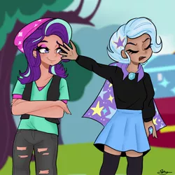 Size: 2048x2048 | Tagged: safe, artist:twiskielulamoon, derpibooru import, starlight glimmer, trixie, human, beanie, cape, clothes, eyelashes, female, hat, humanized, image, jpeg, lesbian, outdoors, shipping, startrix, torn clothes, tree