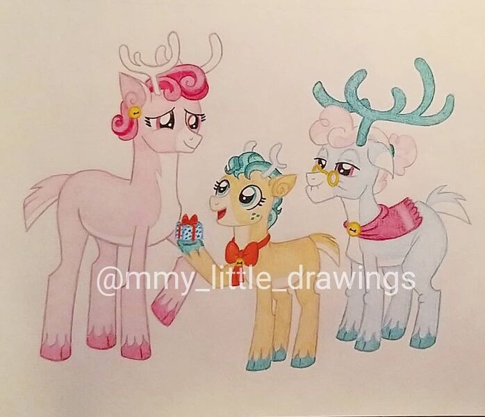 Size: 1080x929 | Tagged: safe, artist:mmy_little_drawings, derpibooru import, alice the reindeer, aurora the reindeer, bori the reindeer, deer, reindeer, antlers, female, freckles, glasses, hoof hold, image, jpeg, presenting, raised hoof, traditional art, unshorn fetlocks, watermark