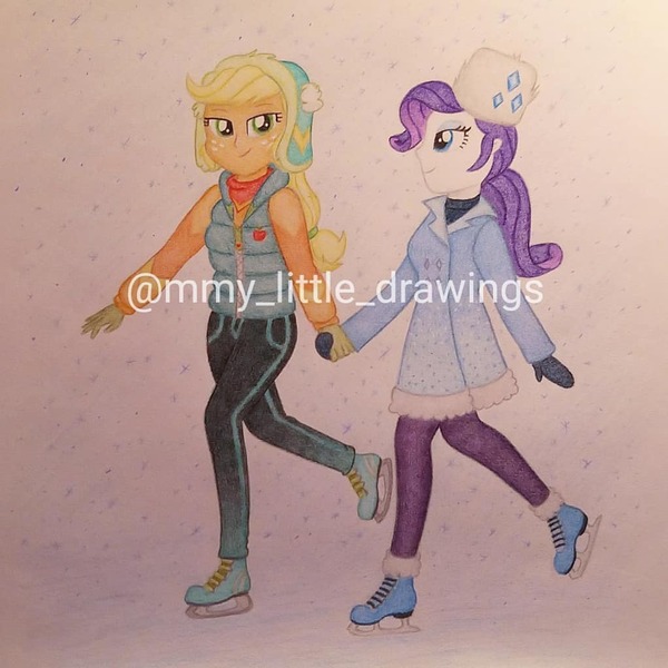 Size: 1022x1022 | Tagged: safe, artist:mmy_little_drawings, derpibooru import, applejack, rarity, equestria girls, clothes, coat, eyelashes, female, freckles, gloves, hat, holding hands, ice skating, image, jpeg, lesbian, obtrusive watermark, pants, rarijack, shipping, smiling, traditional art, watermark