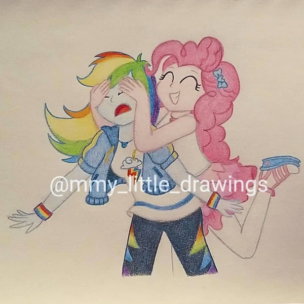 Size: 1065x1065 | Tagged: safe, artist:mmy_little_drawings, derpibooru import, pinkie pie, rainbow dash, equestria girls, bow, clothes, d:, eyelashes, female, grin, hair bow, image, jacket, jpeg, lesbian, obtrusive watermark, open mouth, pants, pinkiedash, shipping, shoes, smiling, traditional art, watermark