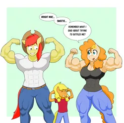 Size: 2960x2943 | Tagged: safe, artist:matchstickman, derpibooru import, applejack, bright mac, pear butter, anthro, earth pony, abs, armpits, biceps, breasts, bright mac's hat, brightbutter, busty pear butter, clothes, dialogue, father and child, father and daughter, female, filly applejack, flexing, green background, grin, image, jeans, male, matchstickman's pear buffer series, might mac, mother and child, mother and daughter, muscles, muscular female, muscular male, nervous, nervous grin, pants, pear buffer, pecs, png, shipping, shirt, simple background, smiling, speech bubble, straight, thighs, thunder thighs, younger